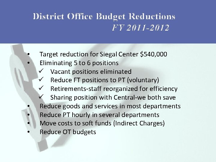 District Office Budget Reductions FY 2011 -2012 • • • Target reduction for Siegal