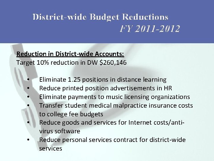 District-wide Budget Reductions FY 2011 -2012 Reduction in District-wide Accounts: Target 10% reduction in