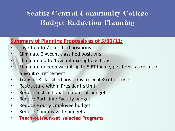 Seattle Central Community College Budget Reduction Planning Summary of Planning Proposals as of 5/31/11: