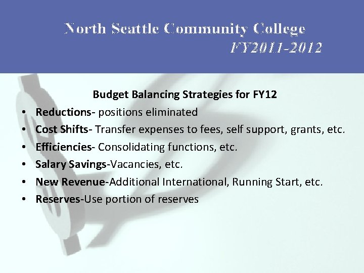North Seattle Community College FY 2011 -2012 • • • Budget Balancing Strategies for