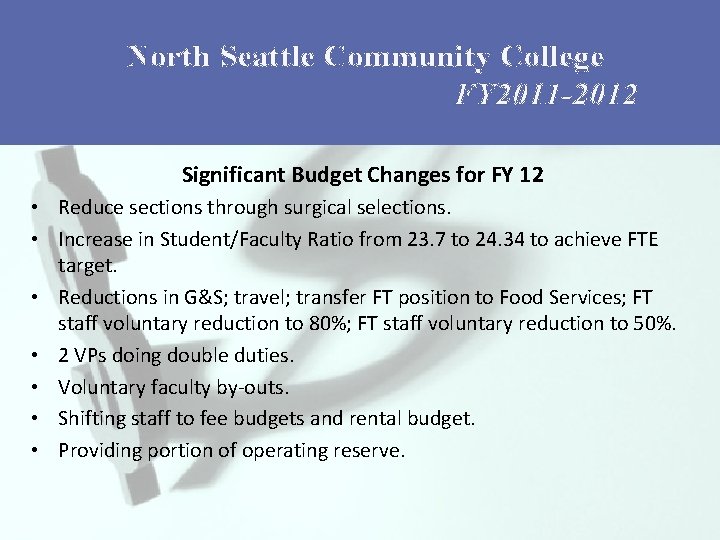 North Seattle Community College FY 2011 -2012 Significant Budget Changes for FY 12 •