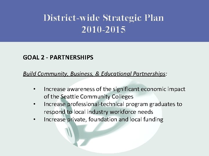 District-wide Strategic Plan 2010 -2015 GOAL 2 - PARTNERSHIPS Build Community, Business, & Educational