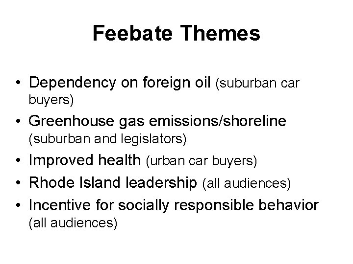 Feebate Themes • Dependency on foreign oil (suburban car buyers) • Greenhouse gas emissions/shoreline