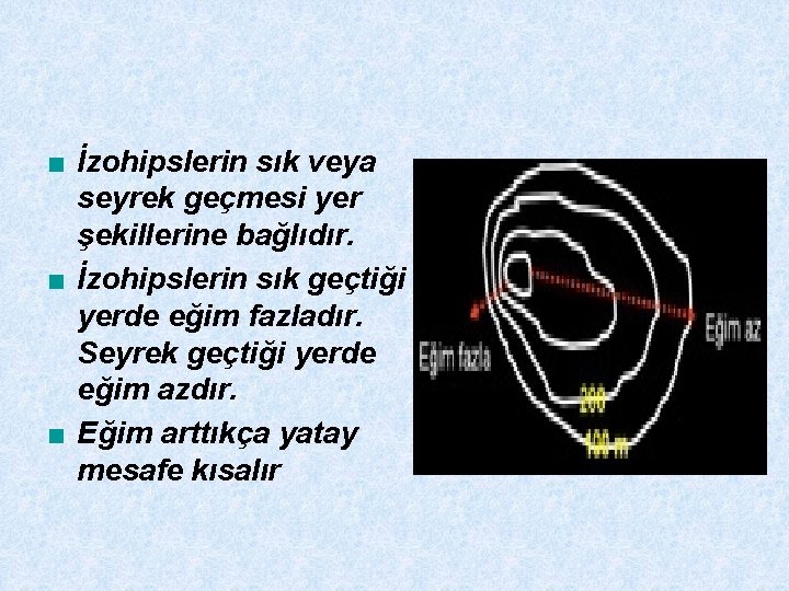 ■ İzohipslerin sık veya seyrek geçmesi yer şekillerine bağlıdır. ■ İzohipslerin sık geçtiği yerde