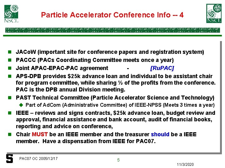 Particle Accelerator Conference Info -- 4 n n JACo. W (important site for conference