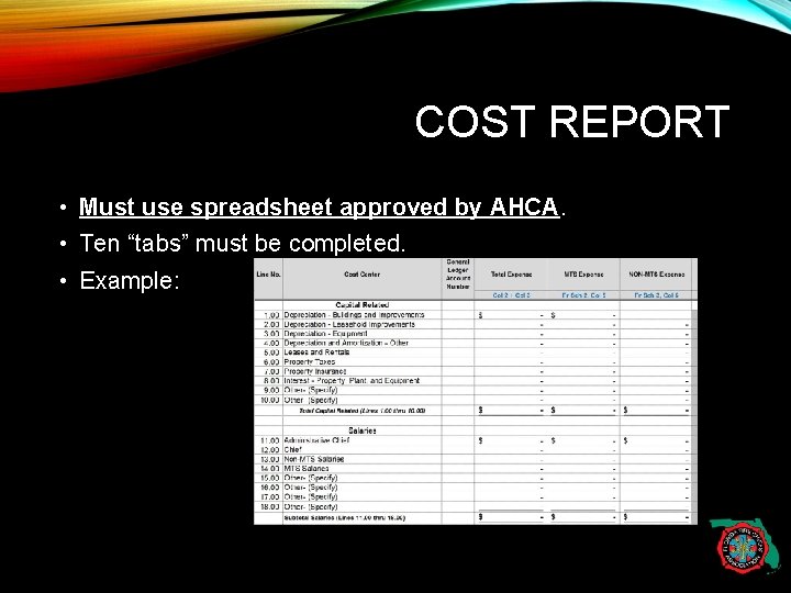 COST REPORT • Must use spreadsheet approved by AHCA. • Ten “tabs” must be