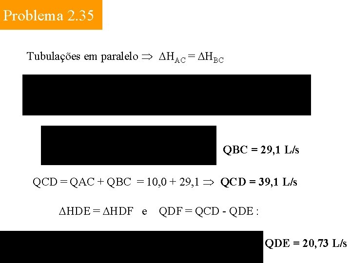 Problema 2. 35 Tubulações em paralelo HAC = HBC QBC = 29, 1 L/s