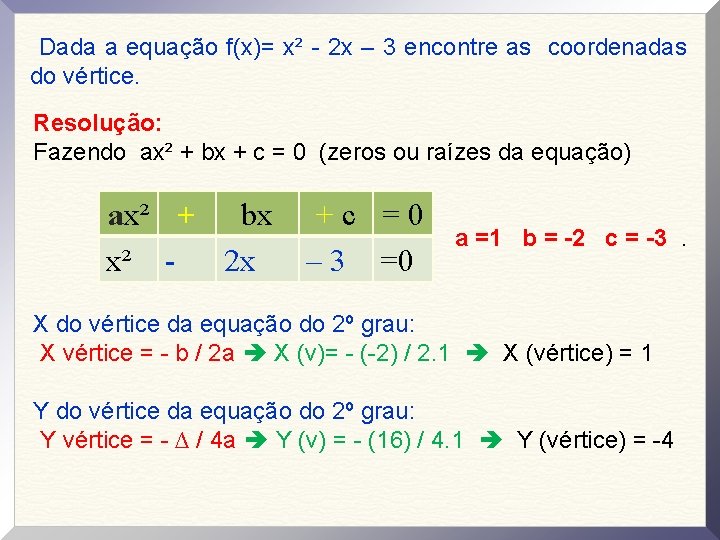 Dada a equação f(x)= x² - 2 x – 3 encontre as coordenadas do