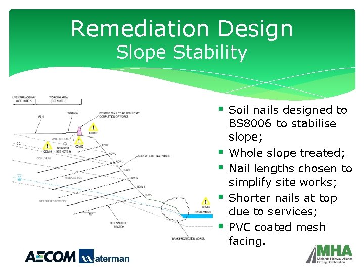 Remediation Design Slope Stability § § § 6 Soil nails designed to BS 8006