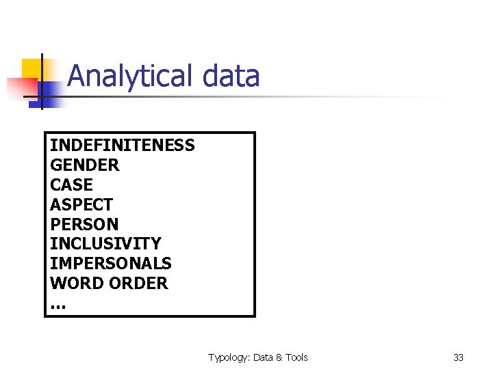 Analytical data INDEFINITENESS GENDER CASE ASPECT PERSON INCLUSIVITY IMPERSONALS WORD ORDER … Typology: Data