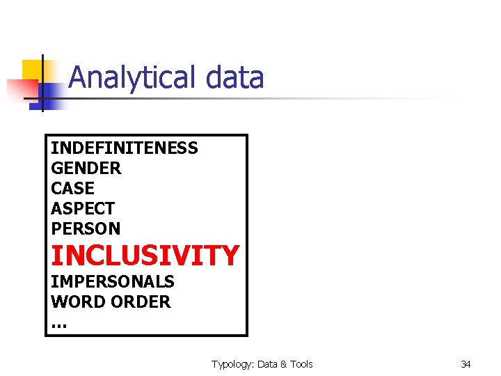 Analytical data INDEFINITENESS GENDER CASE ASPECT PERSON INCLUSIVITY IMPERSONALS WORD ORDER … Typology: Data