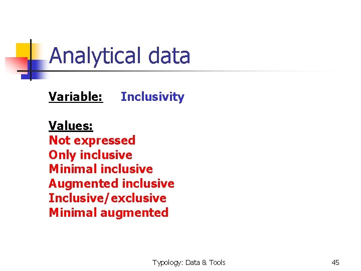 Analytical data Variable: Inclusivity Values: Not expressed Only inclusive Minimal inclusive Augmented inclusive Inclusive/exclusive