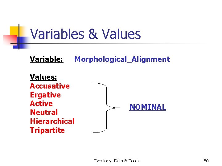 Variables & Values Variable: Morphological_Alignment Values: Accusative Ergative Active Neutral Hierarchical Tripartite NOMINAL Typology: