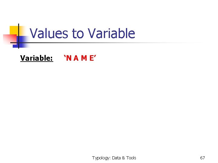 Values to Variable: ‘N A M E’ Typology: Data & Tools 67 