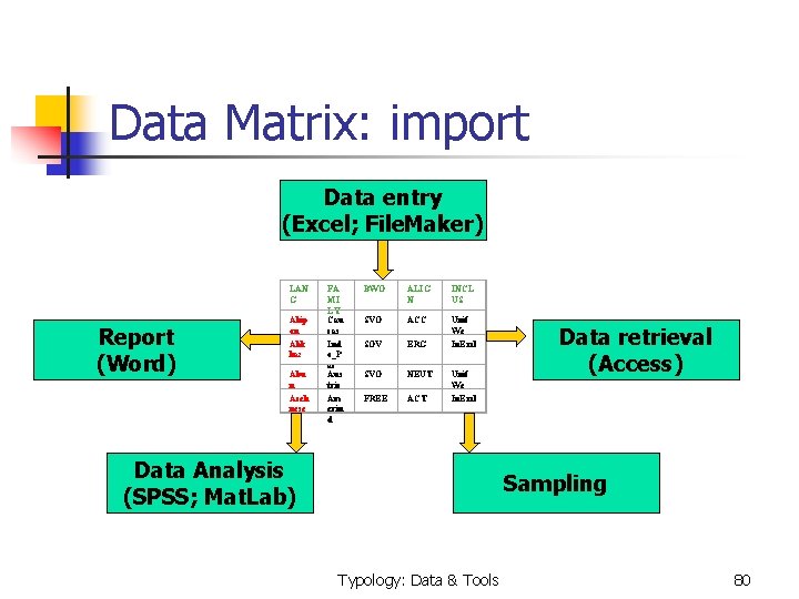  Data Matrix: import Data entry (Excel; File. Maker) LAN G Report (Word) Abip