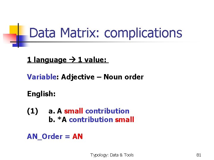  Data Matrix: complications 1 language 1 value: Variable: Adjective – Noun order English: