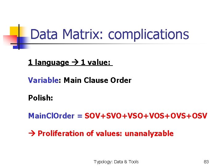  Data Matrix: complications 1 language 1 value: Variable: Main Clause Order Polish: Main.
