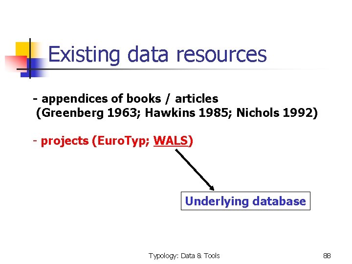  Existing data resources - appendices of books / articles (Greenberg 1963; Hawkins 1985;