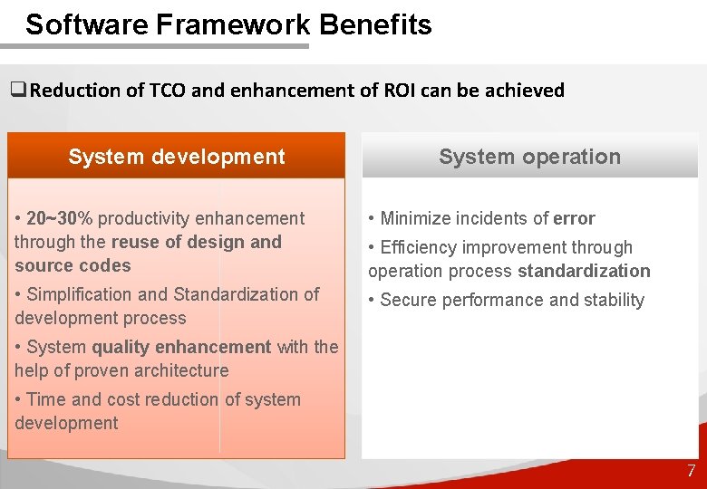 Software Framework Benefits q. Reduction of TCO and enhancement of ROI can be achieved