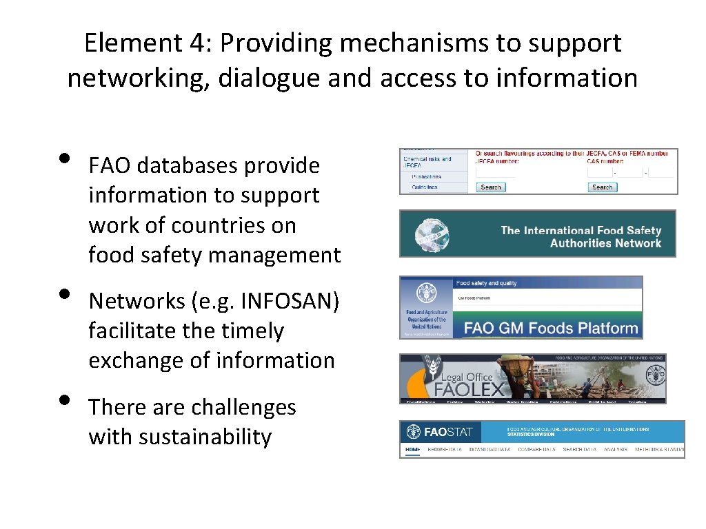 Element 4: Providing mechanisms to support networking, dialogue and access to information • •