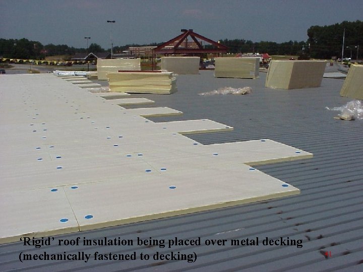 ‘Rigid’ roof insulation being placed over metal decking (mechanically fastened to decking) 41 