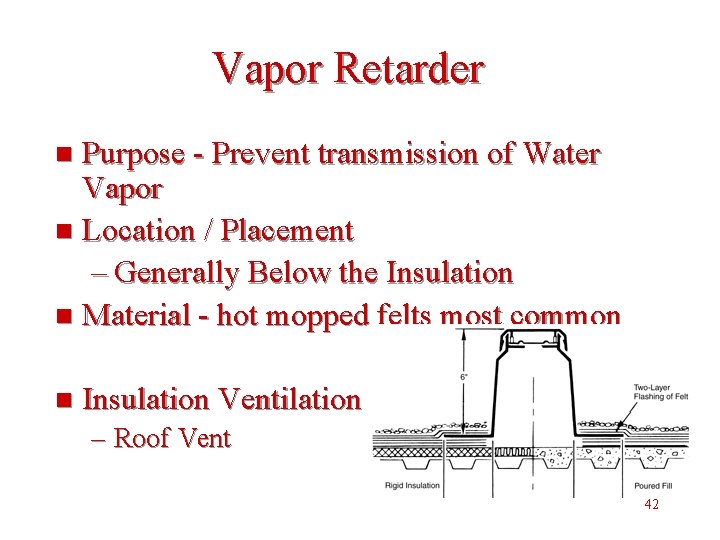 Vapor Retarder Purpose - Prevent transmission of Water Vapor n Location / Placement –