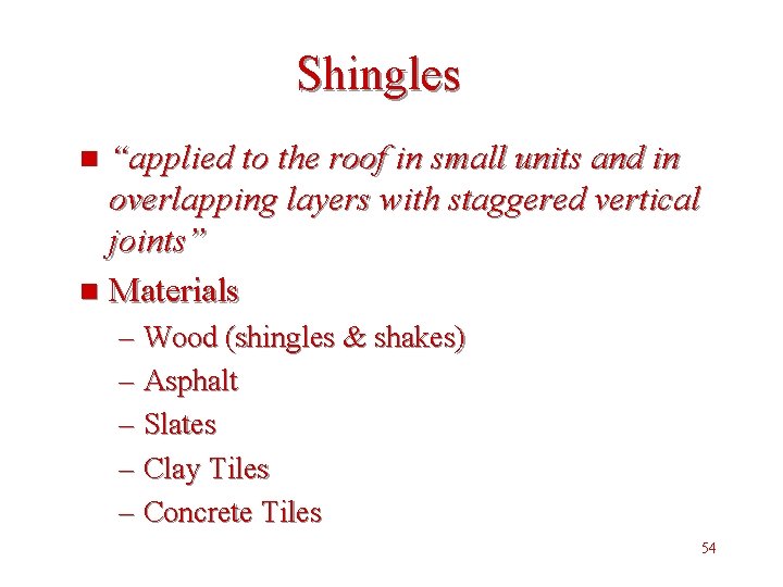 Shingles “applied to the roof in small units and in overlapping layers with staggered