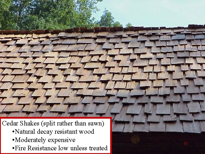 Cedar Shakes (split rather than sawn) • Natural decay resistant wood • Moderately expensive