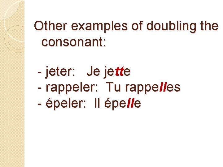 Other examples of doubling the consonant: - jeter: Je jette - rappeler: Tu rappelles