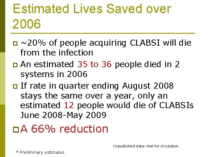 Estimated Lives Saved over 2006 ~20% of people acquiring CLABSI will die from the