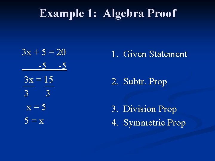 Example 1: Algebra Proof 3 x + 5 = 20 -5 -5 3 x