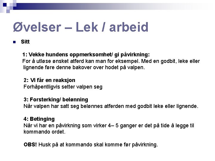 Øvelser – Lek / arbeid Sitt 1: Vekke hundens oppmerksomhet/ gi påvirkning: For å