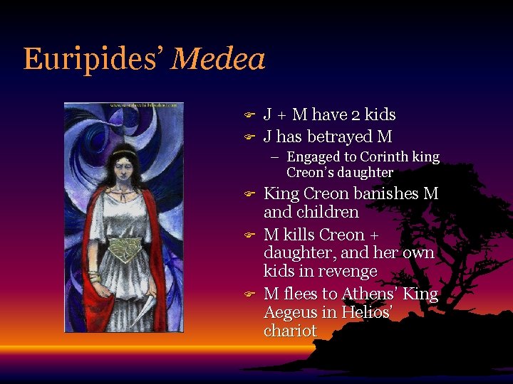 Euripides’ Medea F F J + M have 2 kids J has betrayed M