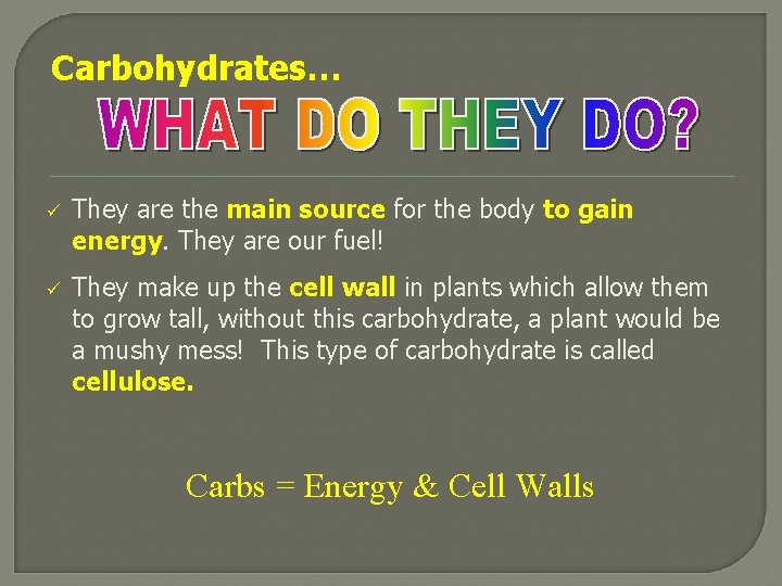 Carbohydrates… ü They are the main source for the body to gain energy. They