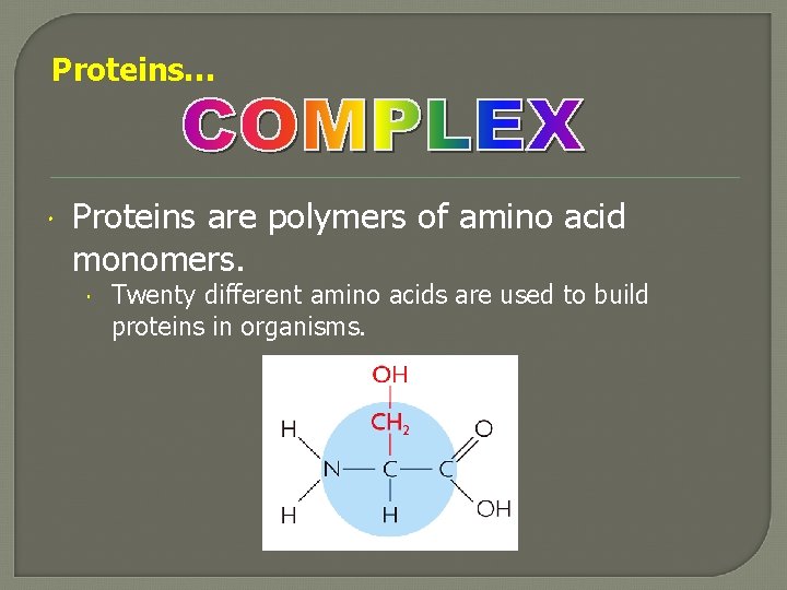 Proteins… Proteins are polymers of amino acid monomers. Twenty different amino acids are used