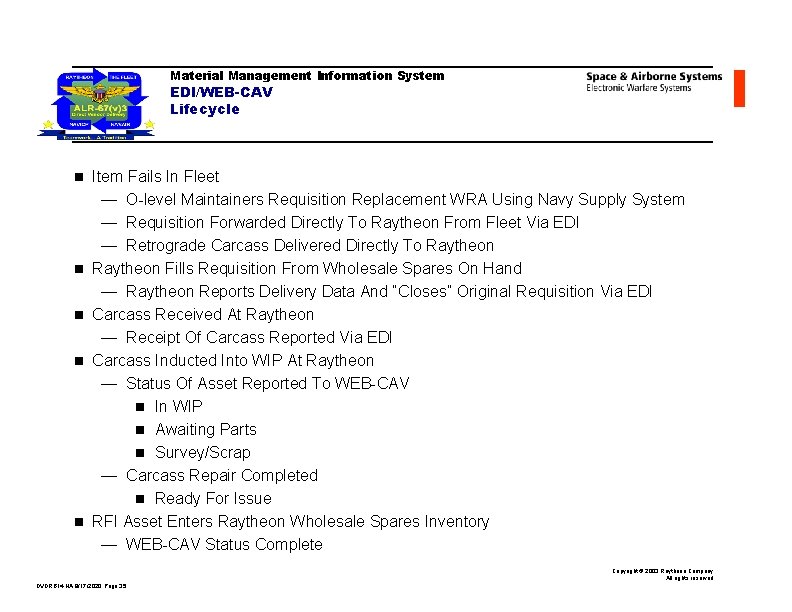 Material Management Information System EDI/WEB-CAV Lifecycle n n n Item Fails In Fleet —