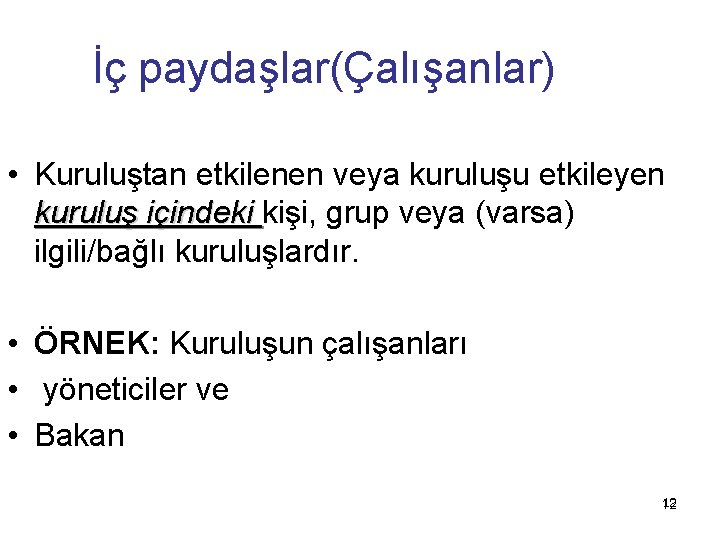 İç paydaşlar(Çalışanlar) • Kuruluştan etkilenen veya kuruluşu etkileyen kuruluş içindeki kişi, grup veya (varsa)