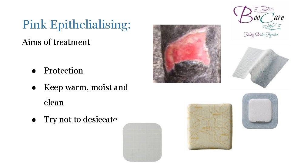 Pink Epithelialising: Aims of treatment ● Protection ● Keep warm, moist and clean ●