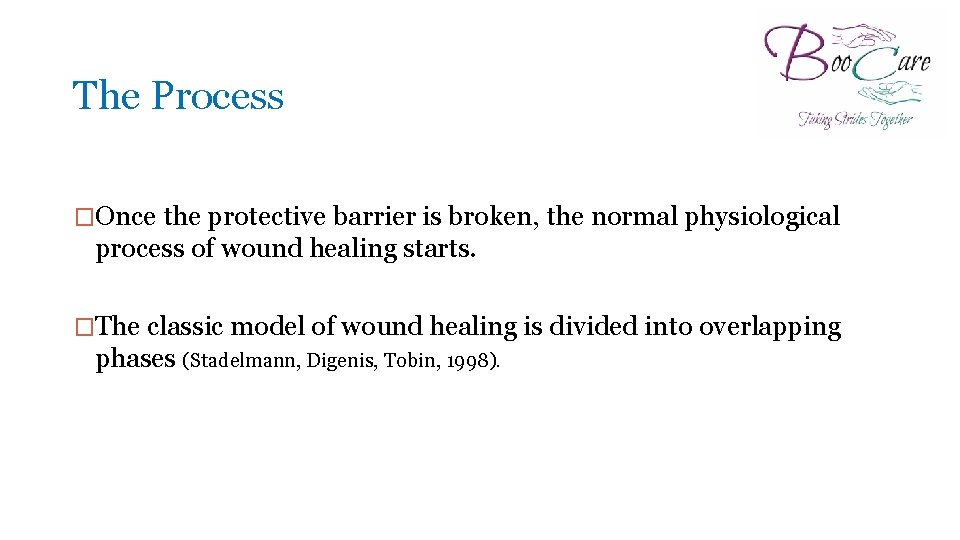 The Process �Once the protective barrier is broken, the normal physiological process of wound