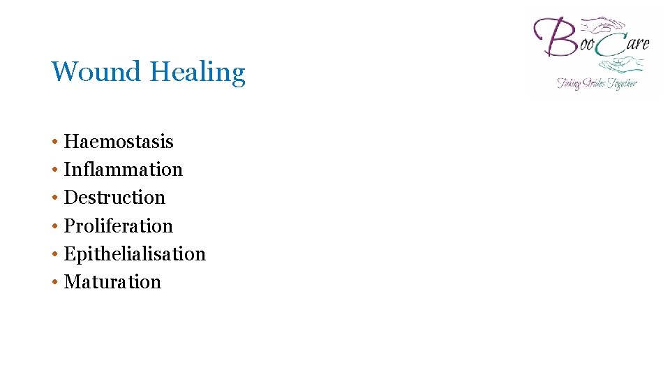 Wound Healing • Haemostasis • Inflammation • Destruction • Proliferation • Epithelialisation • Maturation