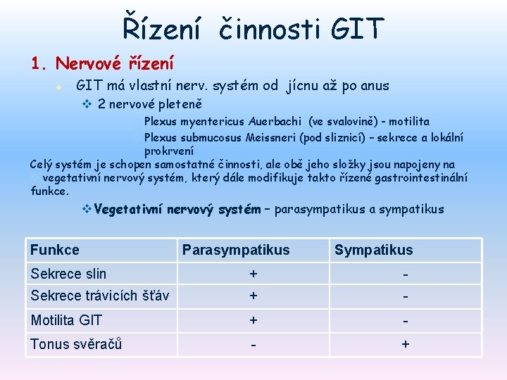 Řízení činnosti GIT 1. Nervové řízení v GIT má vlastní nerv. systém od jícnu