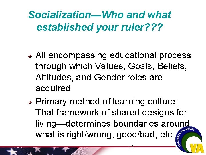 Socialization—Who and what established your ruler? ? ? All encompassing educational process through which