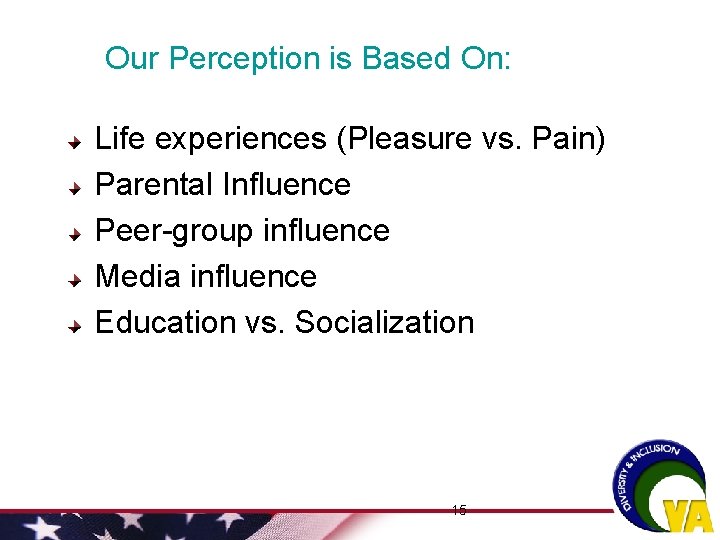 Our Perception is Based On: Life experiences (Pleasure vs. Pain) Parental Influence Peer-group influence