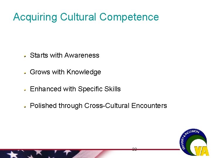 Acquiring Cultural Competence Starts with Awareness Grows with Knowledge Enhanced with Specific Skills Polished