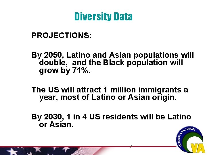 Diversity Data PROJECTIONS: By 2050, Latino and Asian populations will double, and the Black