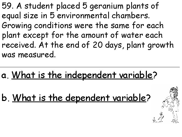 59. A student placed 5 geranium plants of equal size in 5 environmental chambers.