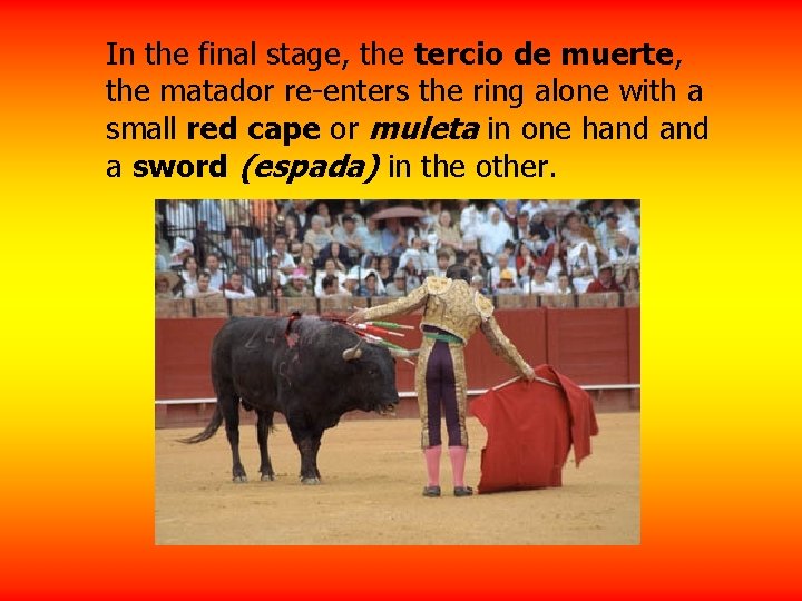 In the final stage, the tercio de muerte, the matador re-enters the ring alone