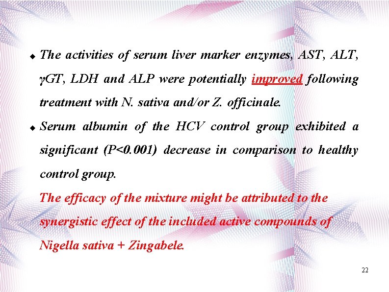  The activities of serum liver marker enzymes, AST, ALT, γGT, LDH and ALP