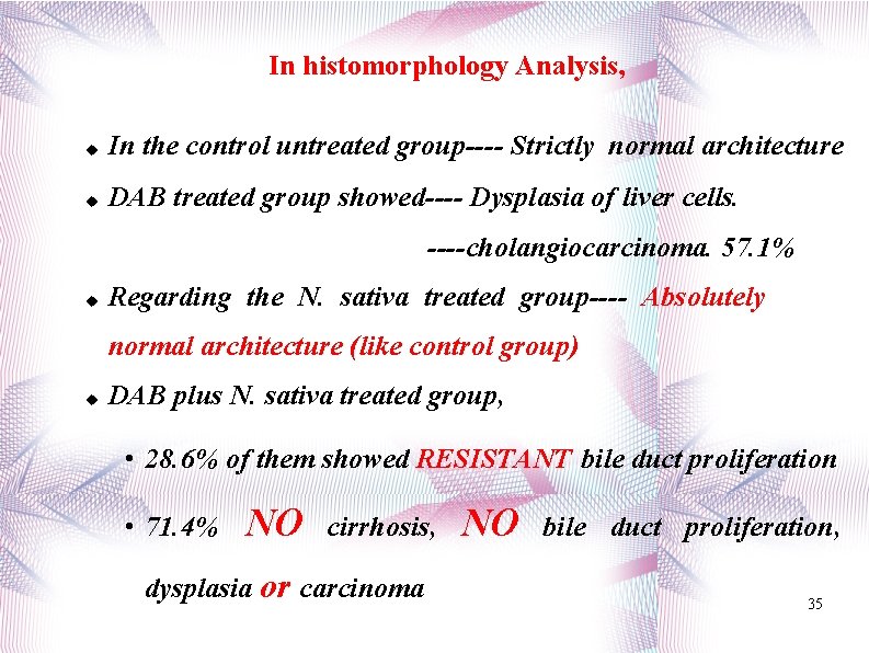 In histomorphology Analysis, In the control untreated group---- Strictly normal architecture DAB treated group