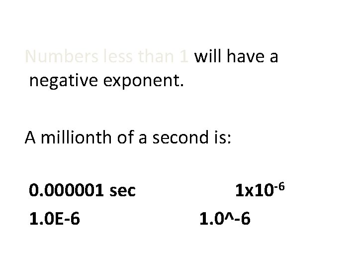 Numbers less than 1 will have a negative exponent. A millionth of a second